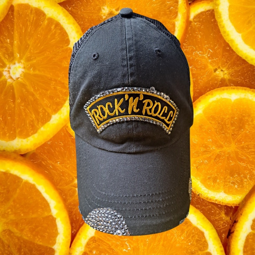 Rock n Roll Rhinestone Embellished Black‎ Trucker Hat Baseball Cap